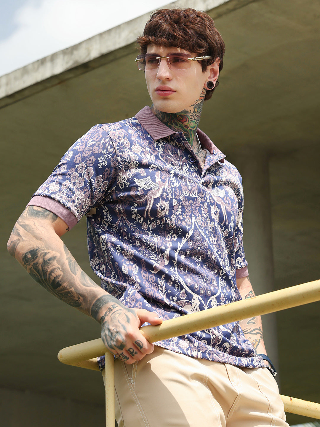 Campus Sutra Indie Floral Jacquard-Knit Polo T-Shirt