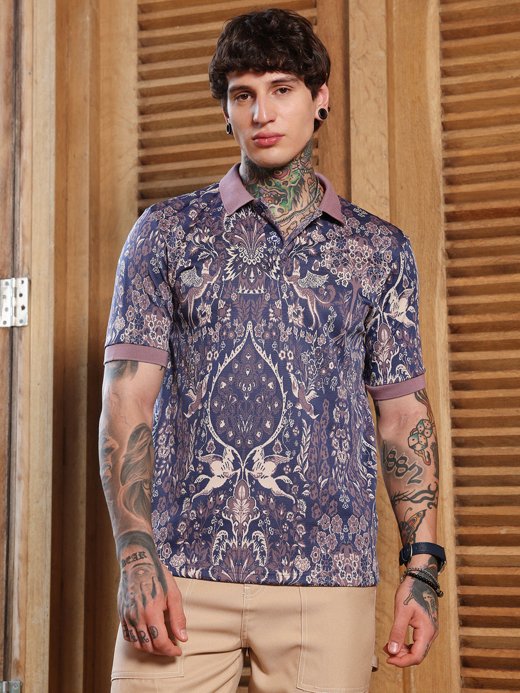 Campus Sutra Indie Floral Jacquard-Knit Polo T-Shirt