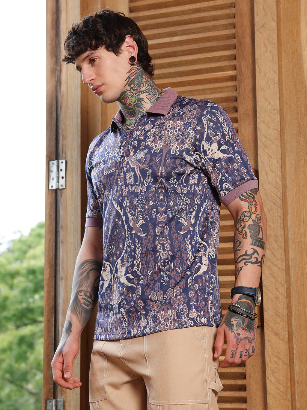Campus Sutra Indie Floral Jacquard-Knit Polo T-Shirt