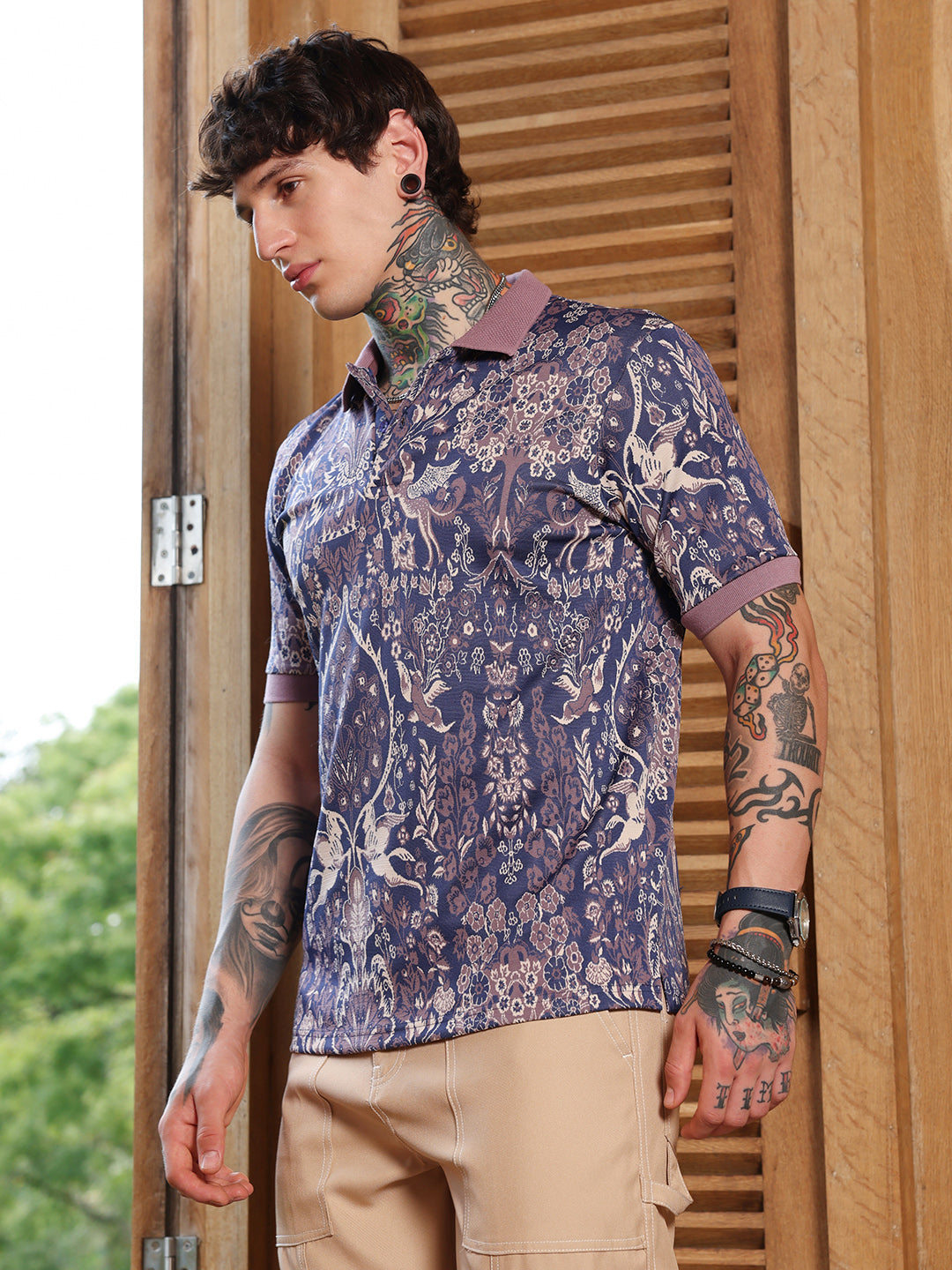 Campus Sutra Indie Floral Jacquard-Knit Polo T-Shirt