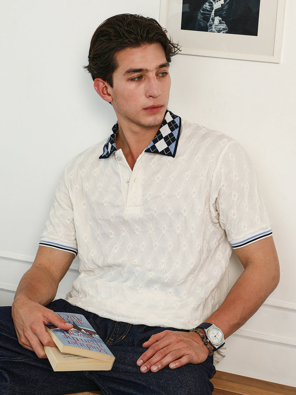 Campus Sutra Block Argyle-Knit Polo T-Shirt