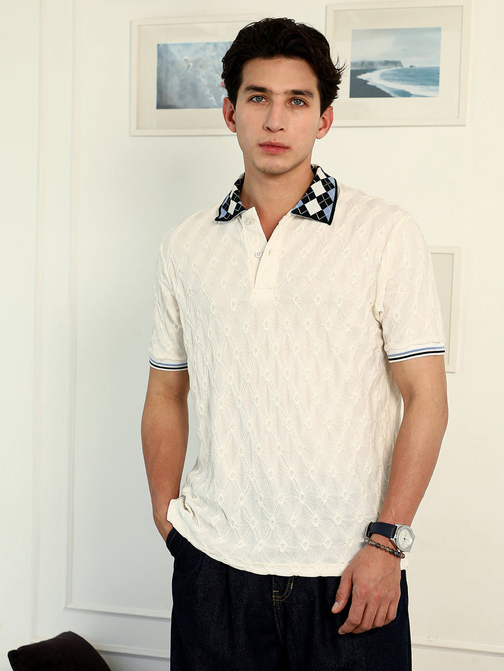 Campus Sutra Block Argyle-Knit Polo T-Shirt