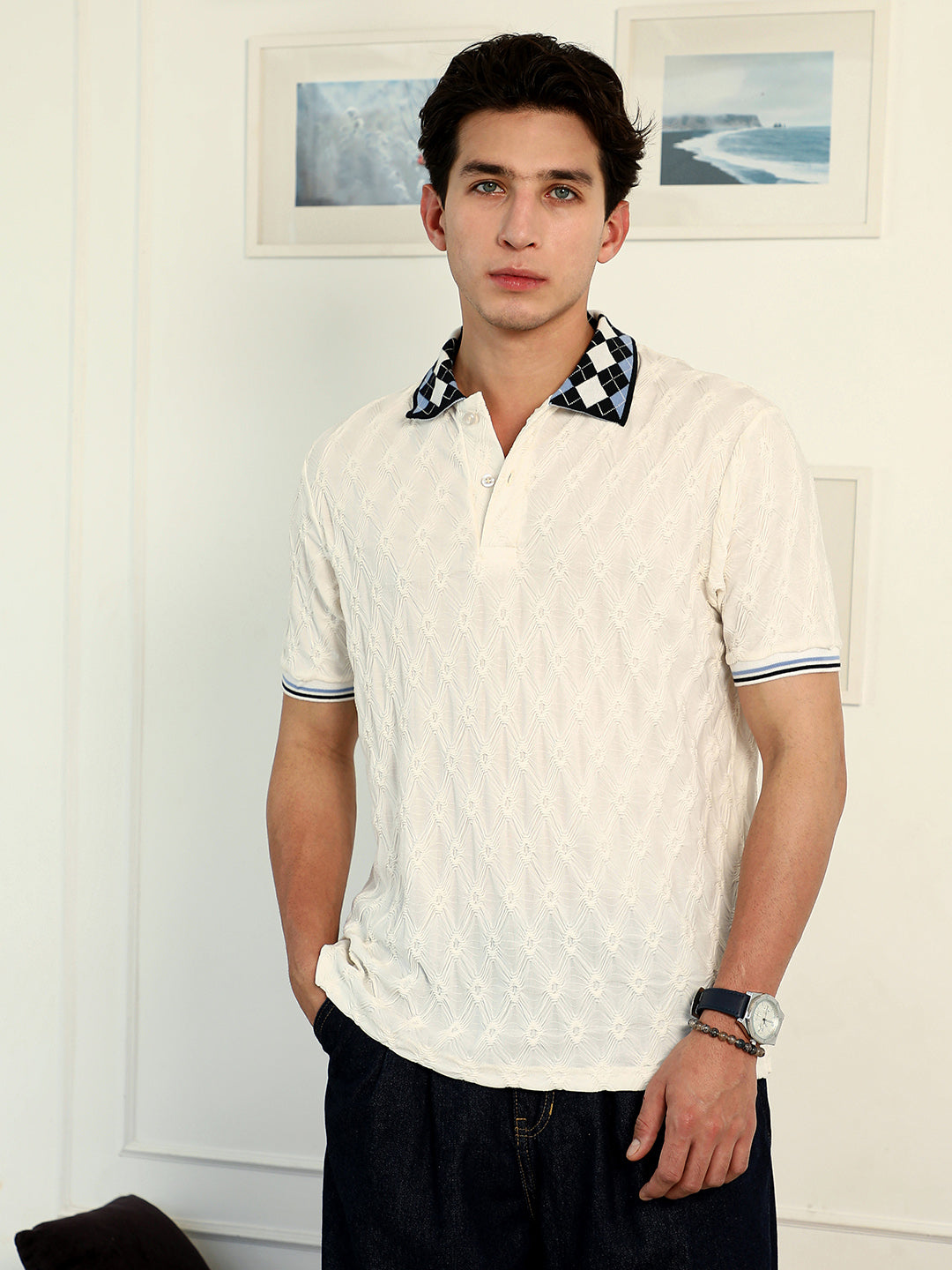 Campus Sutra Block Argyle-Knit Polo T-Shirt
