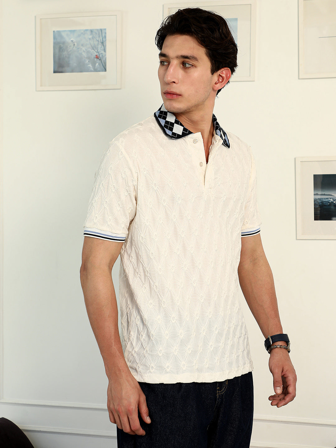 Campus Sutra Block Argyle-Knit Polo T-Shirt