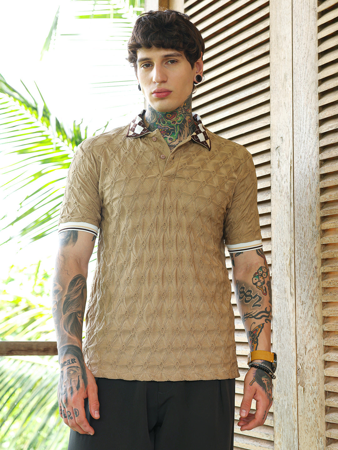 Campus Sutra Block Argyle-Knit Polo T-Shirt