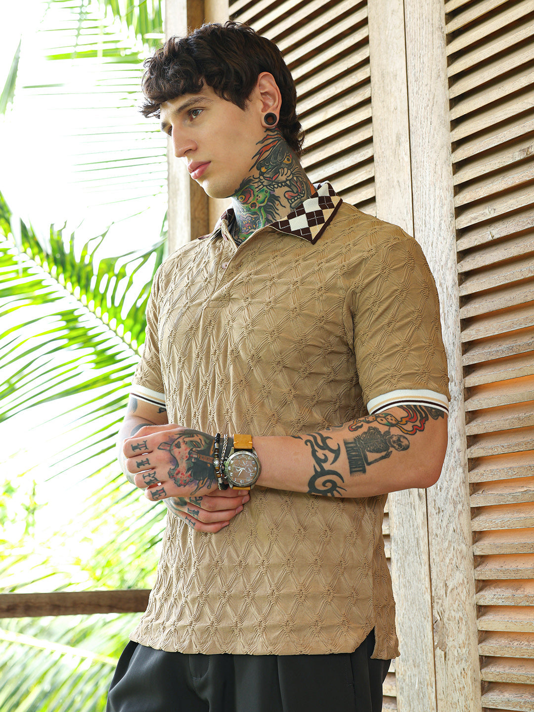 Campus Sutra Block Argyle-Knit Polo T-Shirt