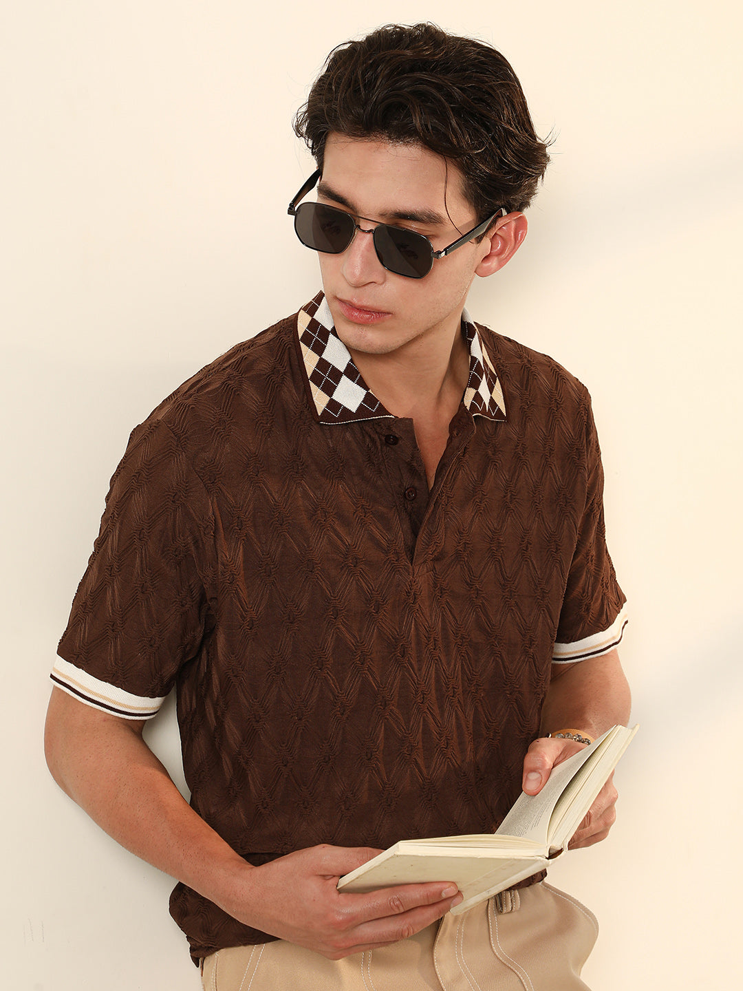 Campus Sutra Block Argyle-Knit Polo T-Shirt