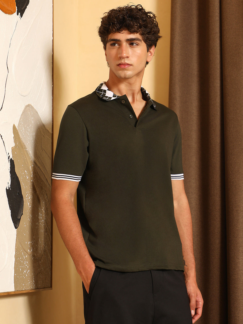 Campus Sutra Block Argyle-Knit Polo T-Shirt