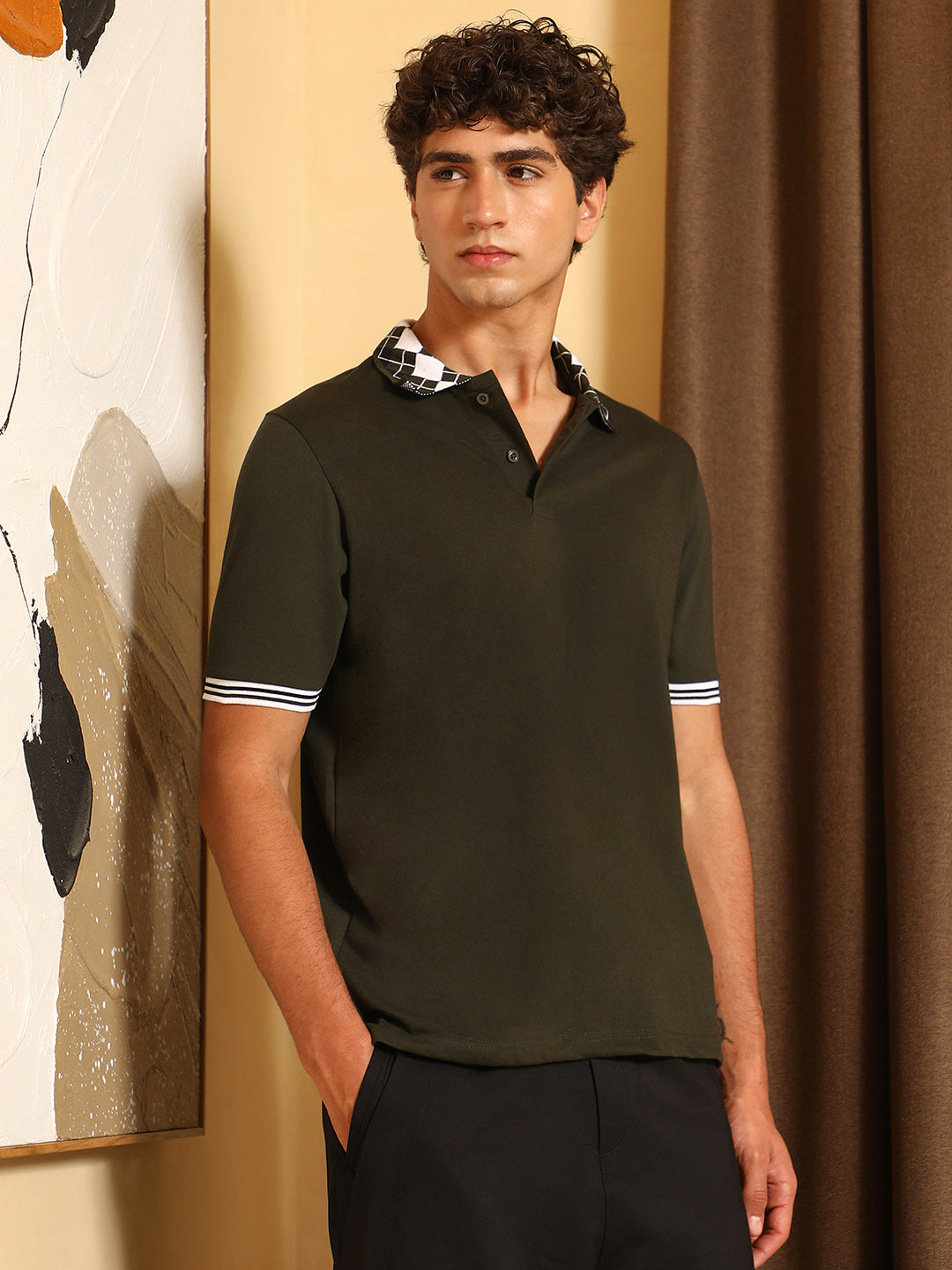 Campus Sutra Block Argyle-Knit Polo T-Shirt