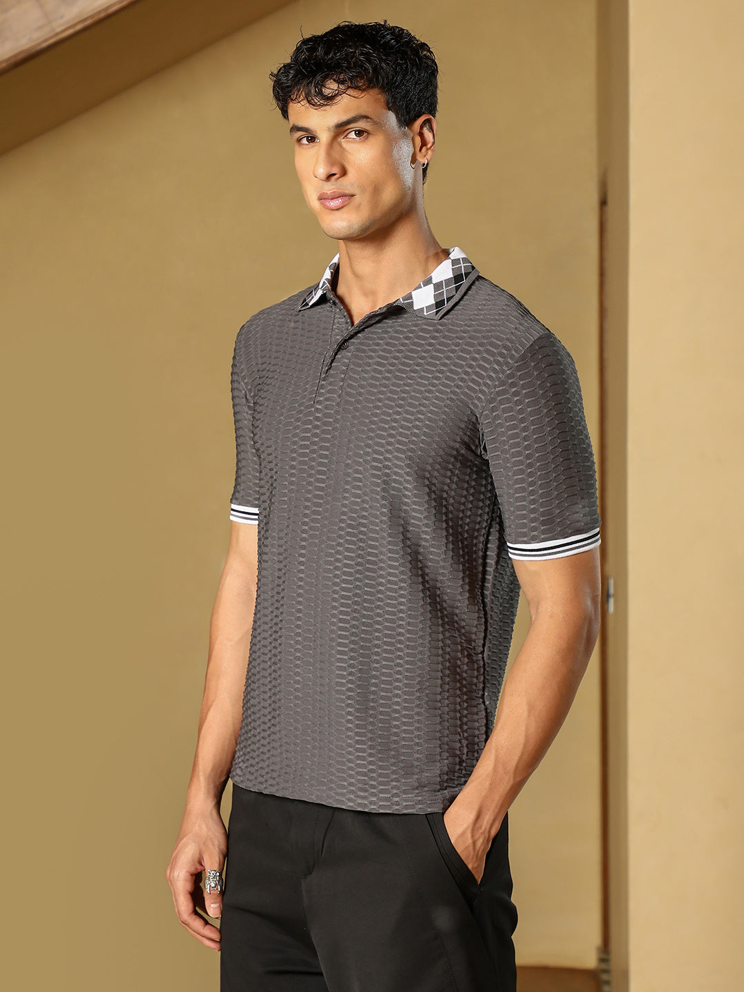 Campus Sutra Hive Argyle-Knit Polo T-Shirt