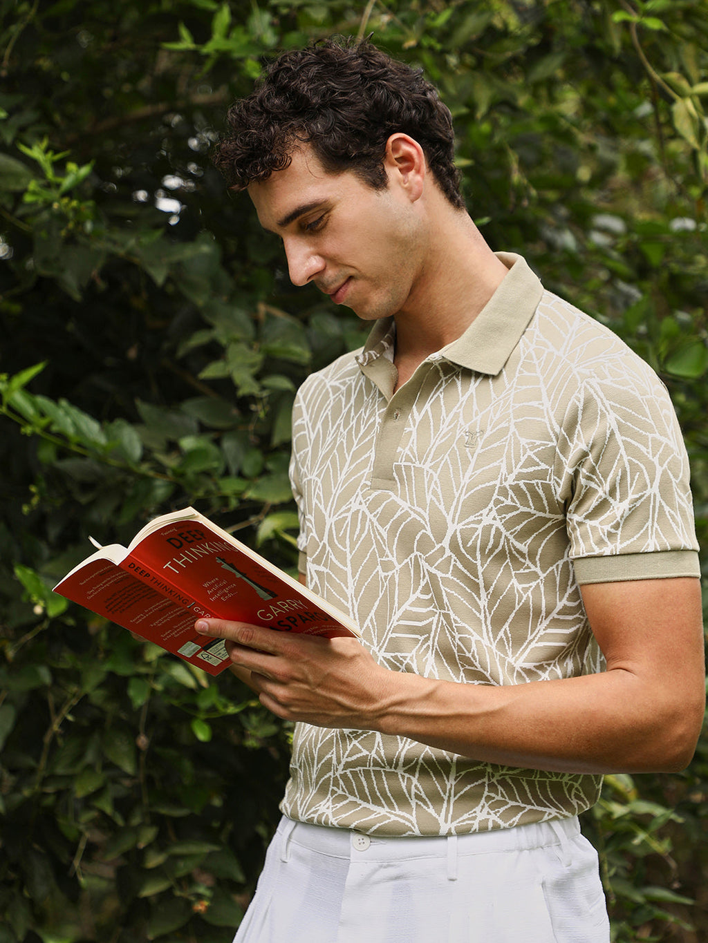 Campus Sutra Foliage-Jacquard Polo T-Shirt