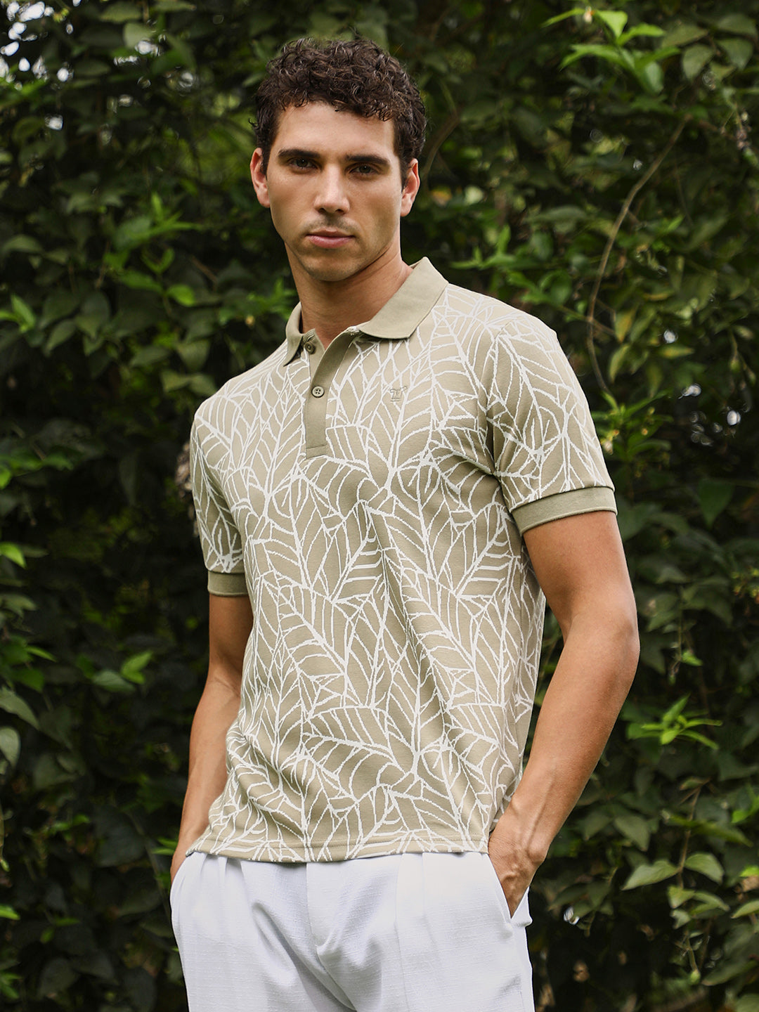 Campus Sutra Foliage-Jacquard Polo T-Shirt