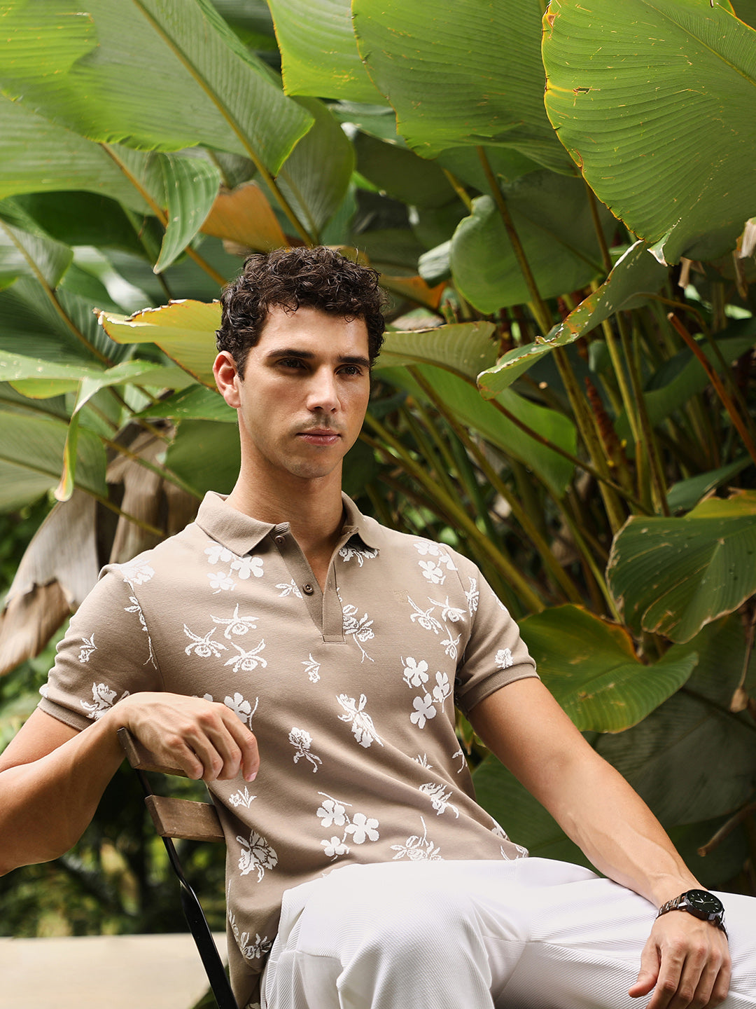 Campus Sutra Flora-Jacquard Polo T-Shirt