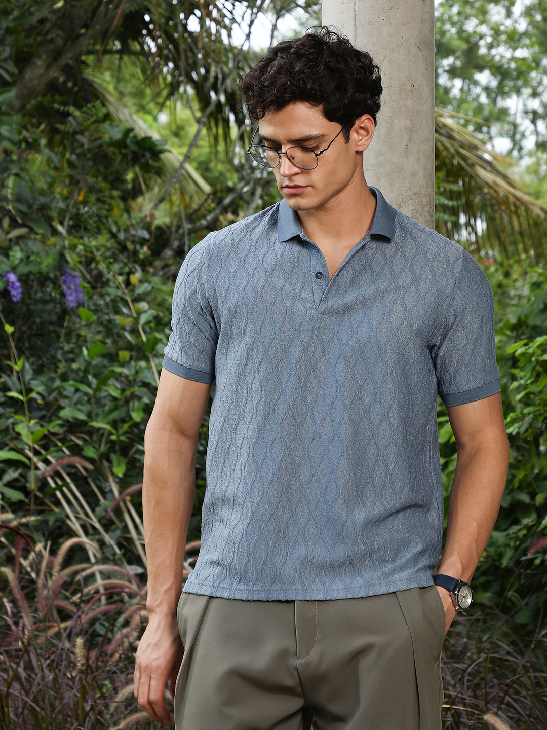 Campus Sutra Steel Blue Marquise-Tactile Knit Polo T-Shirt