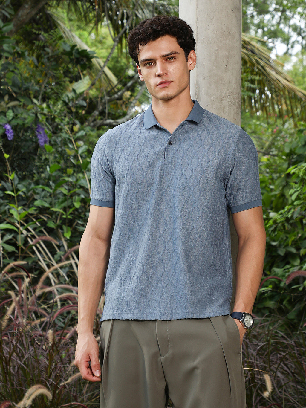 Campus Sutra Steel Blue Marquise-Tactile Knit Polo T-Shirt