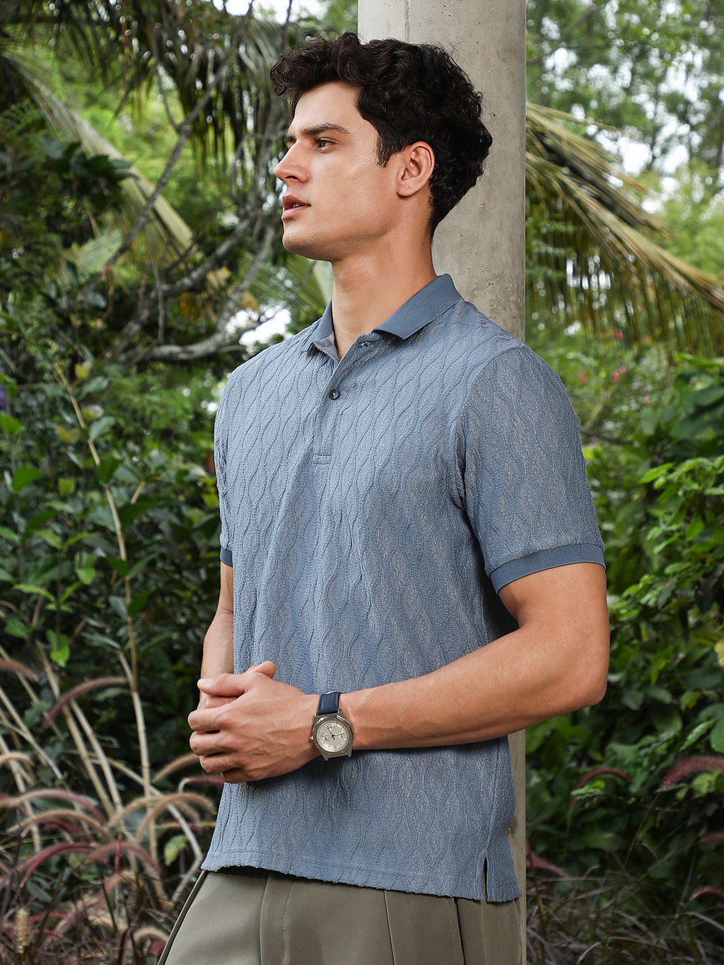 Campus Sutra Steel Blue Marquise-Tactile Knit Polo T-Shirt