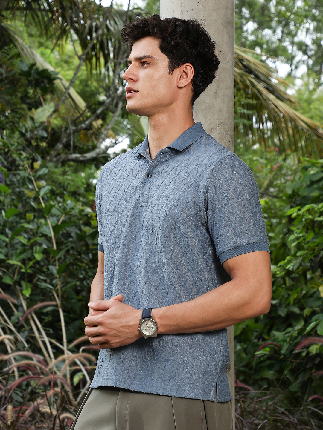 Campus Sutra Steel Blue Marquise-Tactile Knit Polo T-Shirt
