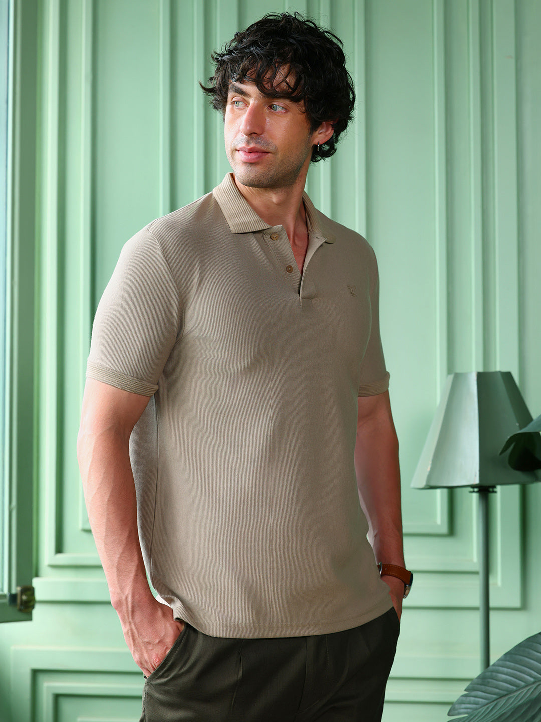 Campus Sutra Solid-Ribbed Polo T-Shirt