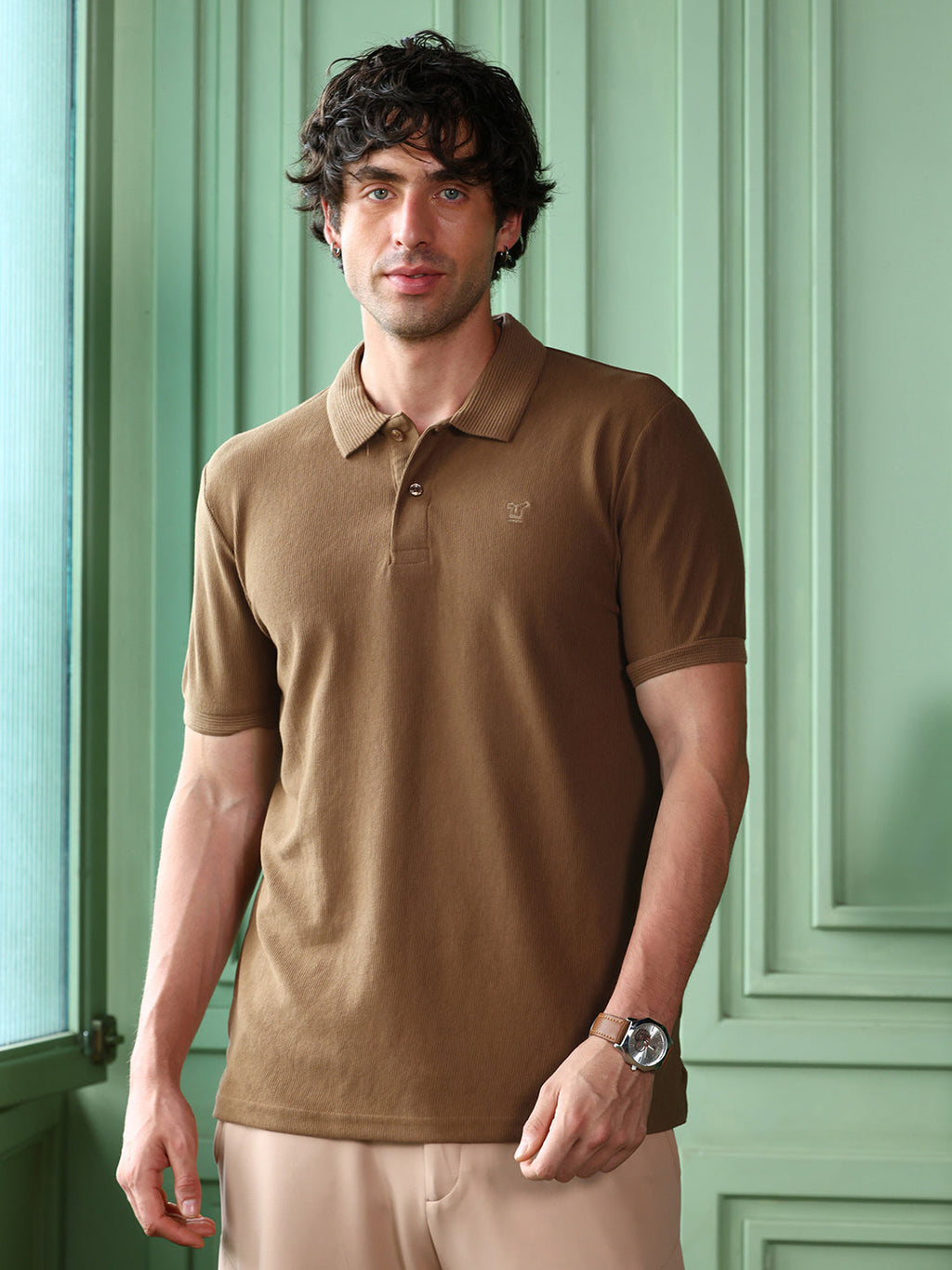 Campus Sutra Solid-Ribbed Polo T-Shirt