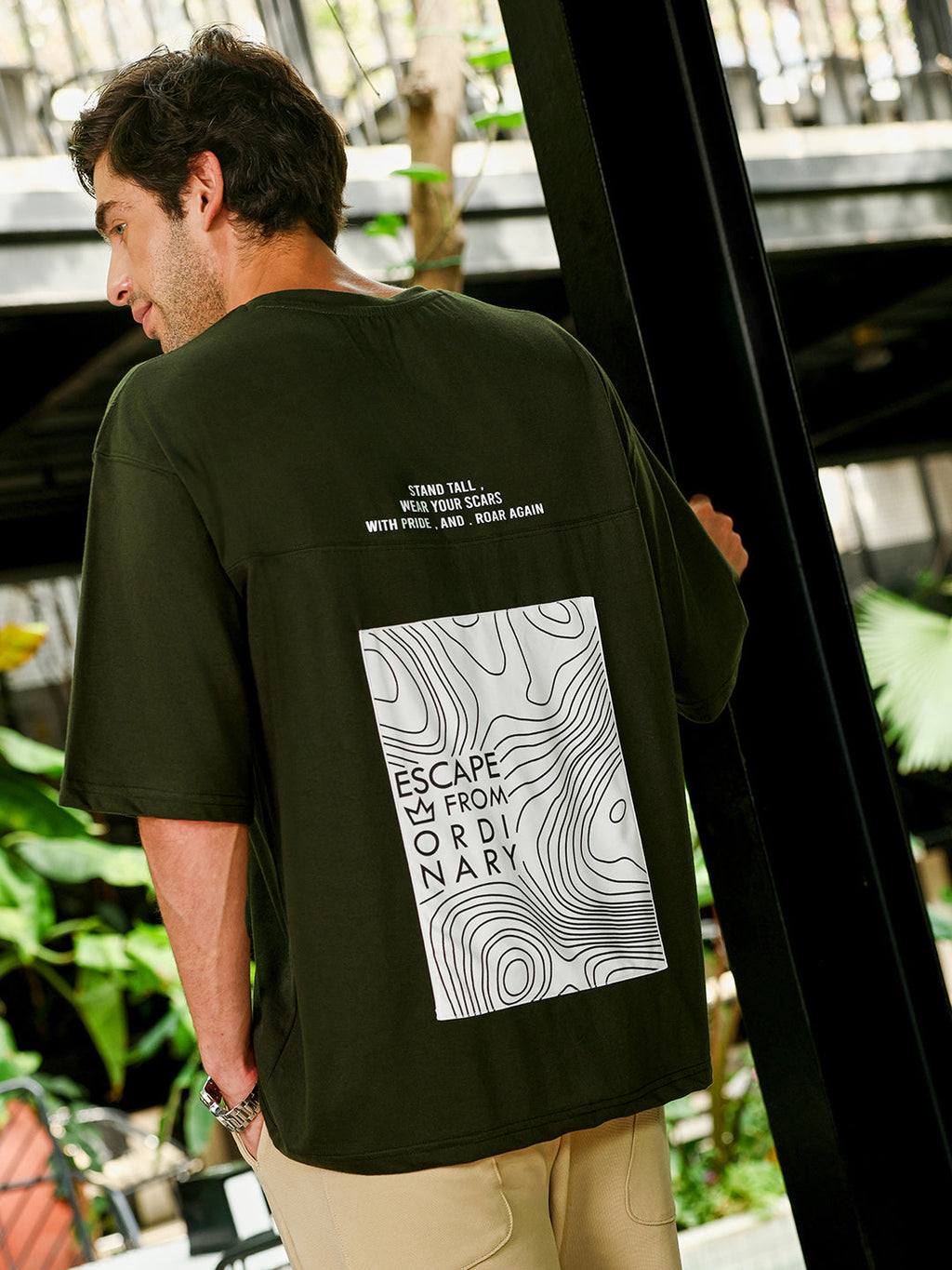 Campus Sutra Men's Dark Olive Green Oversized Graphic Printed T-Shirt