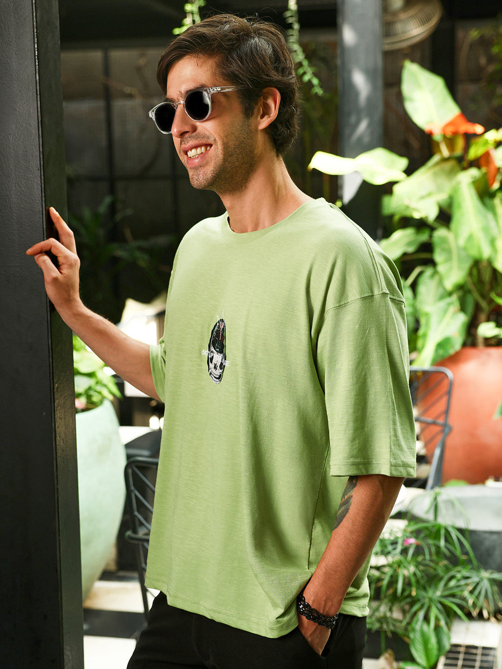 Campus Sutra Men's Lime Green Oversized Graphic Print Crew Neck T-shirt