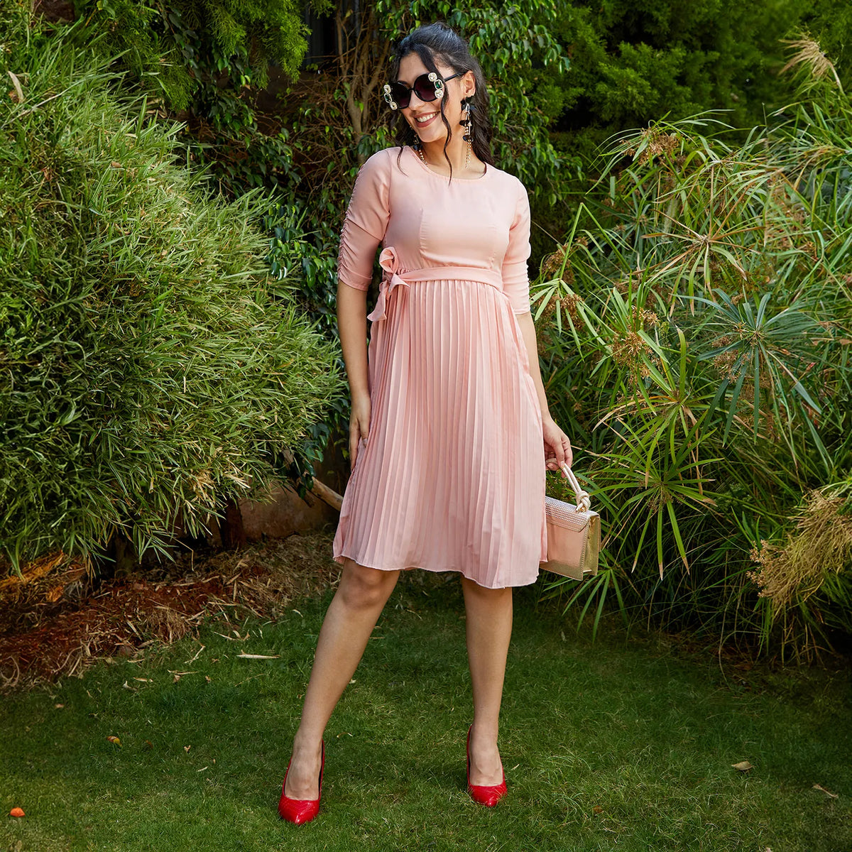 Pleated Tie-Up Dress