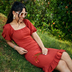 Puff-Sleeved Creased Dress