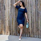 Puff-Sleeved Creased Dress