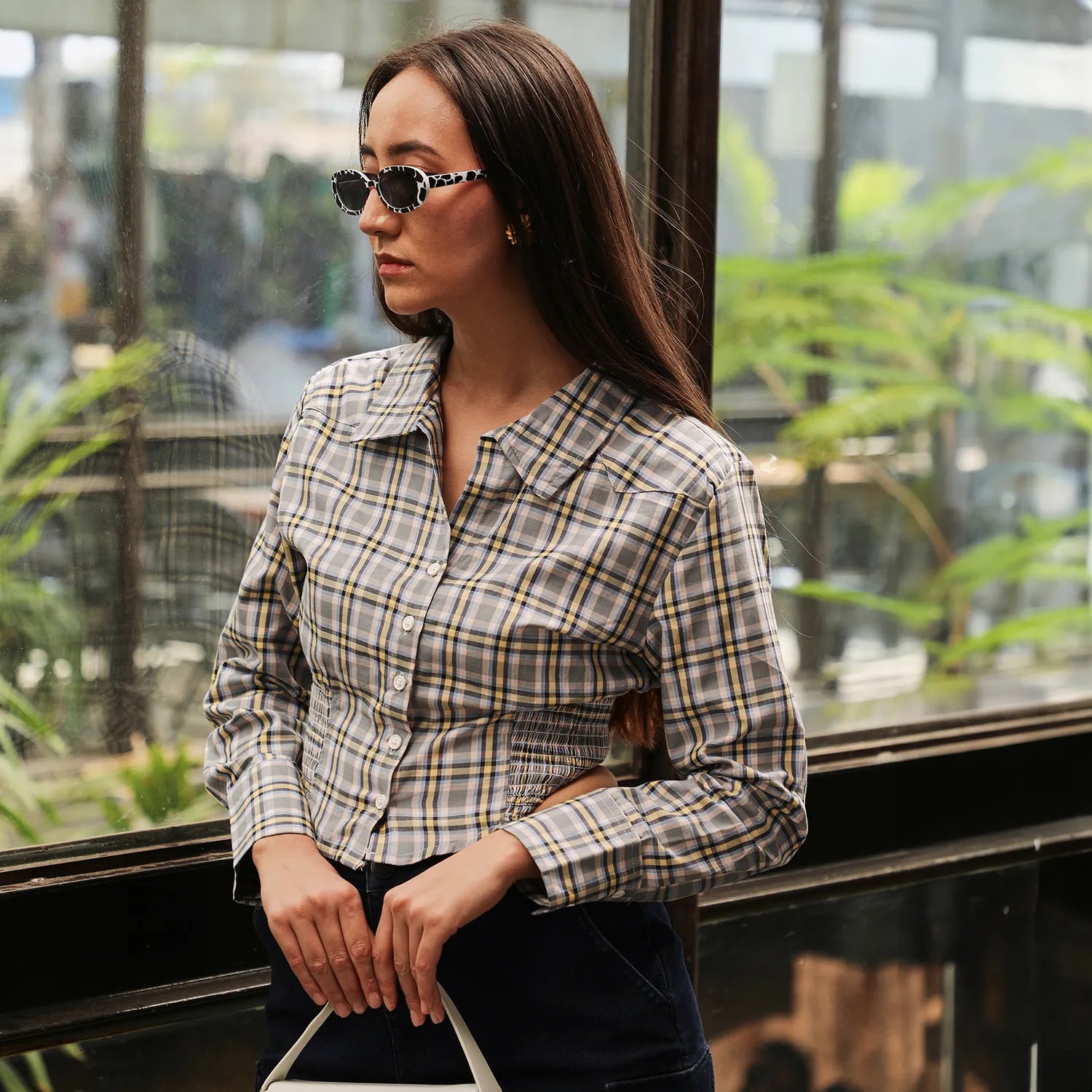 Tartan Plaid Cinched Cropped Shirt