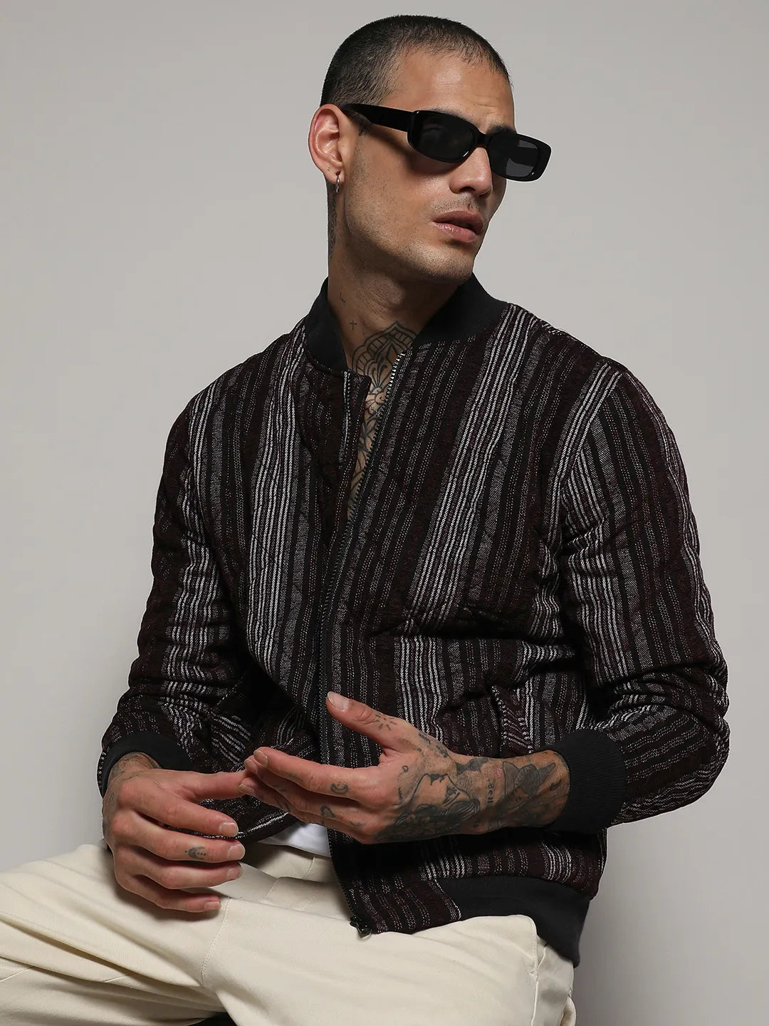 Campus Sutra Striped Quilted Bomber Jacket
