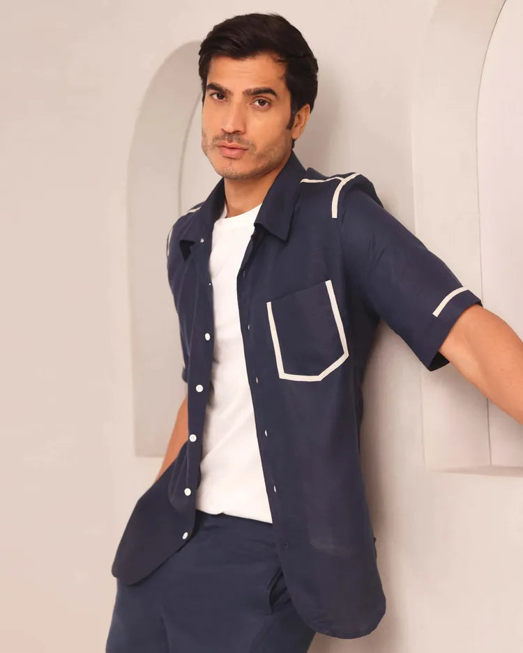 Navy Relaxed Cuban Collar Palm Shirt