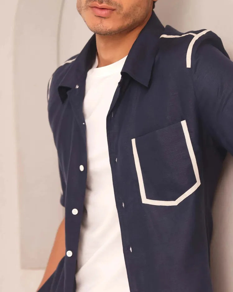 Navy Relaxed Cuban Collar Palm Shirt