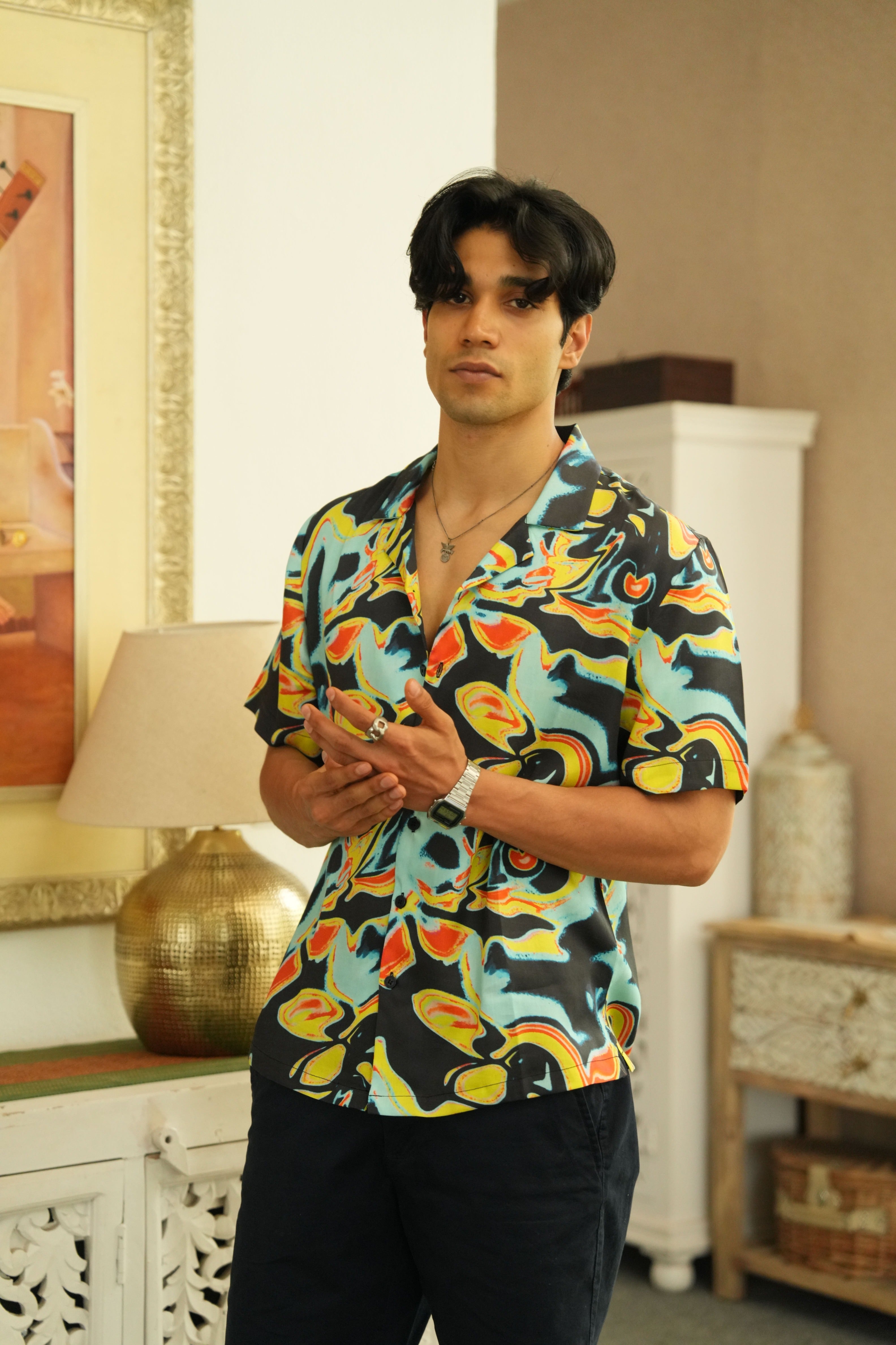 Solar Swirl Black Relaxed Fit Cuban  Shirt