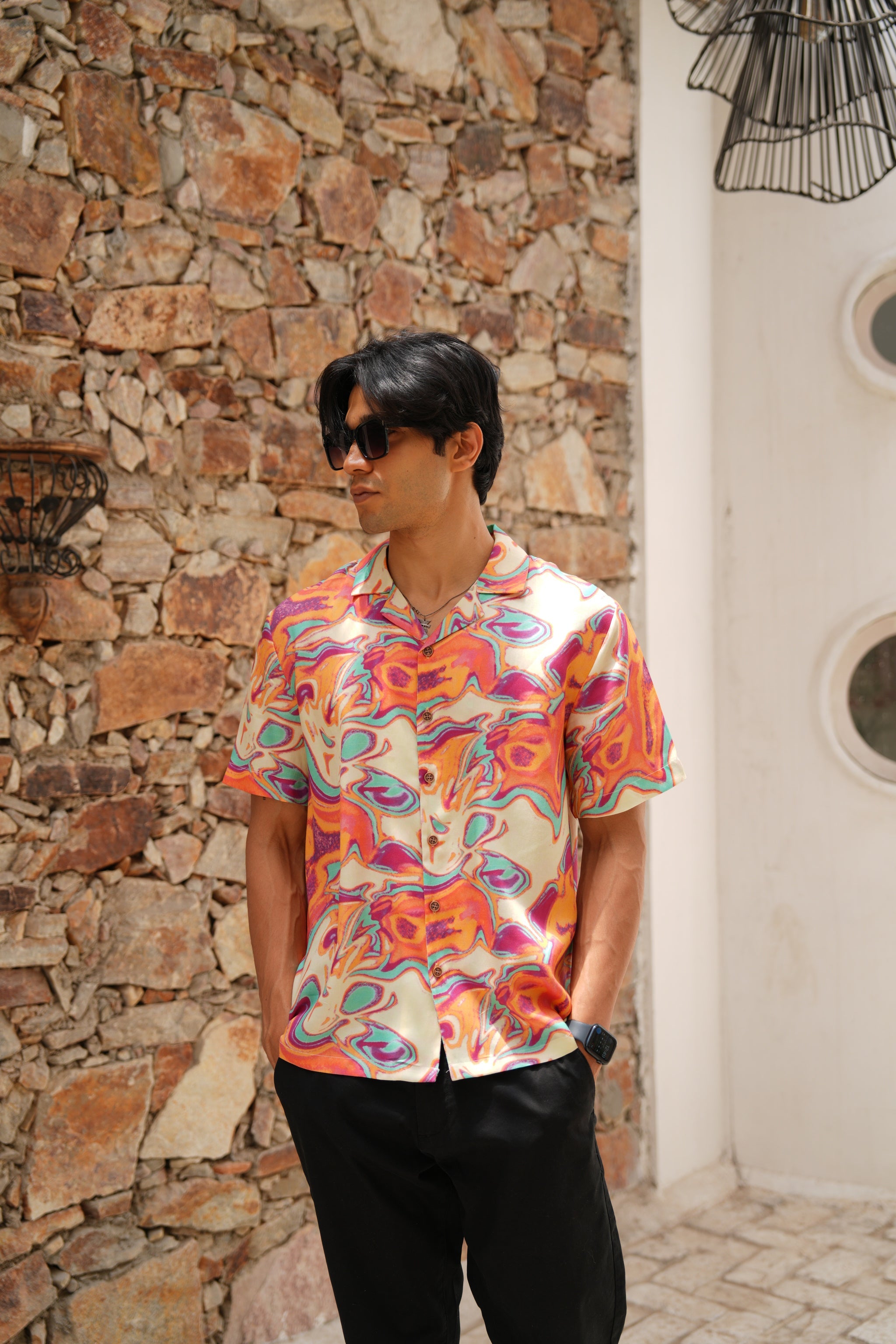 Solar Swirl Orange Relaxed Fit Cuban  Shirt
