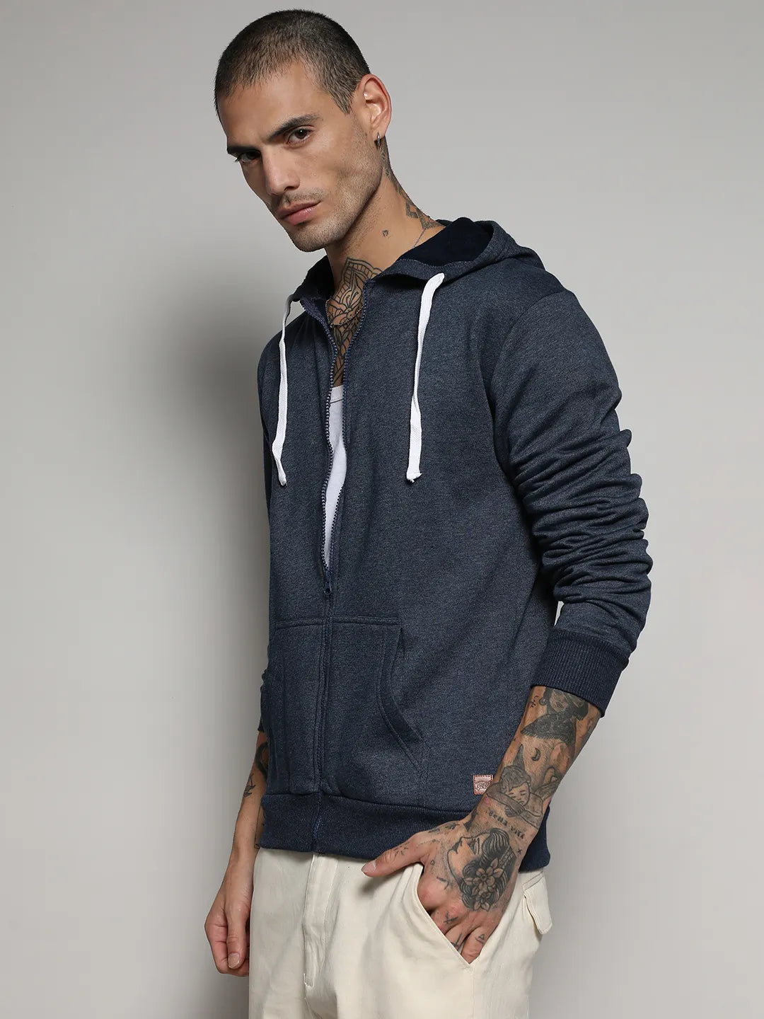 Campus Sutra Zip-Front Hoodie With Contrast Drawstring