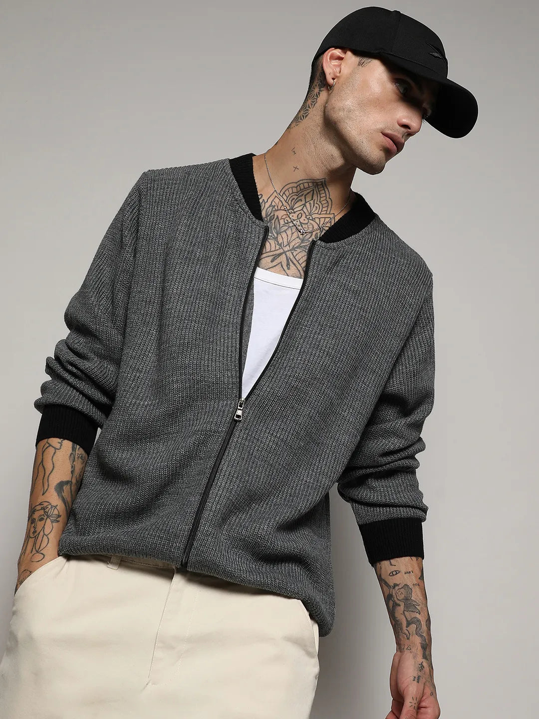 Campus Sutra Zip-Front Knitted Jacket