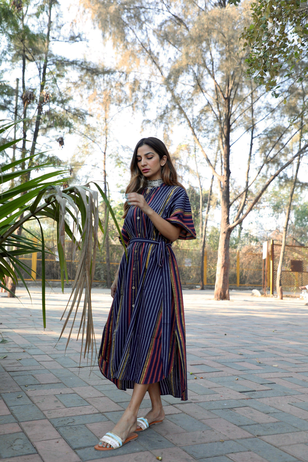 ShopKapaas Indigo Striped Kaftan Dress - With Cotton Lining Slip