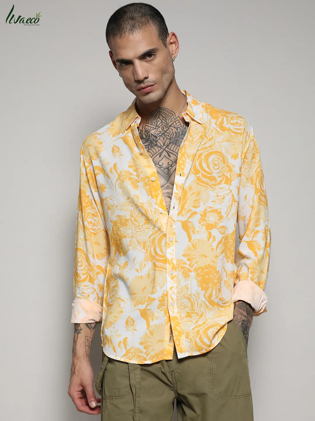 Campus Sutra Ecoliva Contrast Botanical Shirt