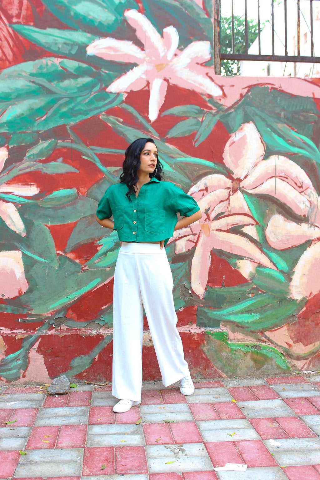 ShopKapaas Bottle Green Linen Crop Top