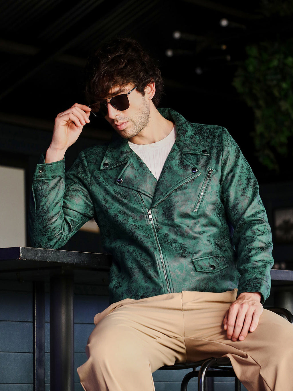 Campus Sutra Embossed-Suede Biker Jacket