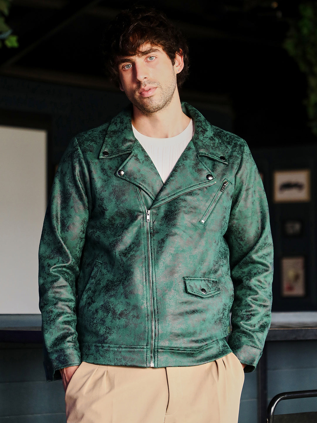 Campus Sutra Embossed-Suede Biker Jacket