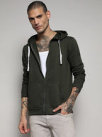Campus Sutra Zip-Front Hoodie With Contrast Drawstring