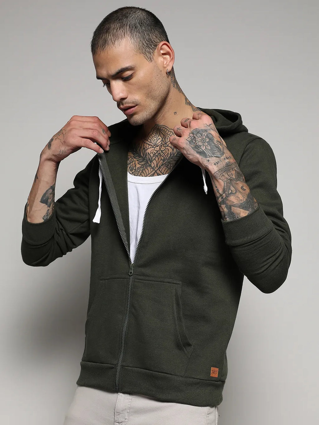 Campus Sutra Zip-Front Hoodie With Contrast Drawstring