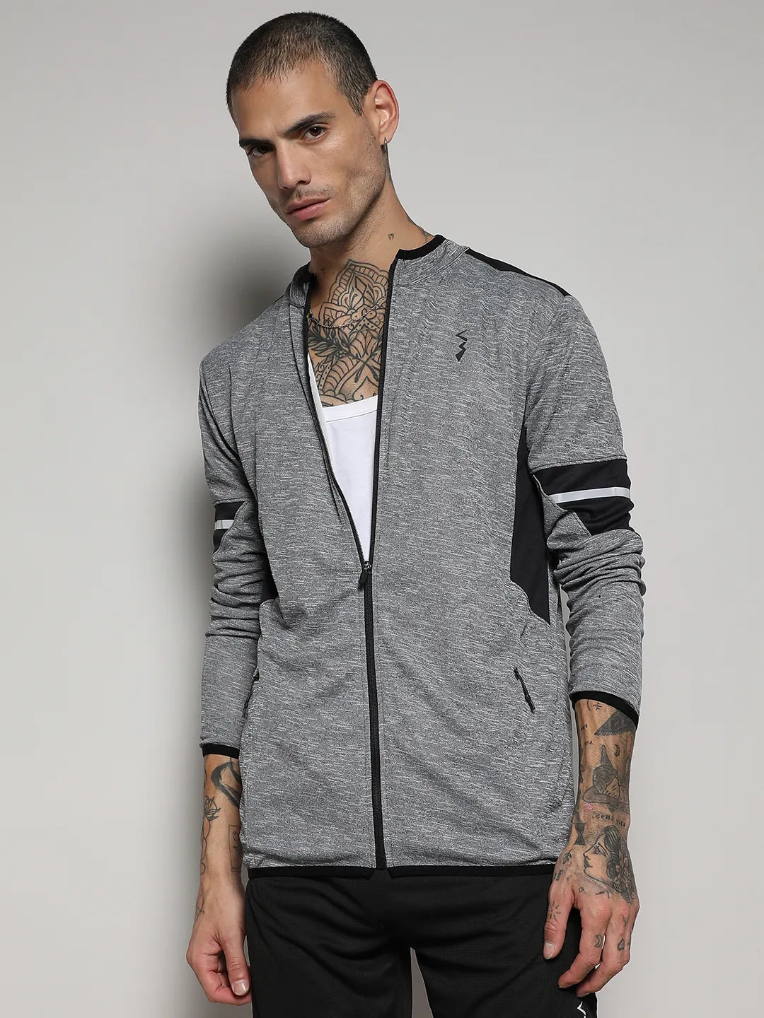 Campus Sutra Heathered Activewear Jacket With Contrast Detail