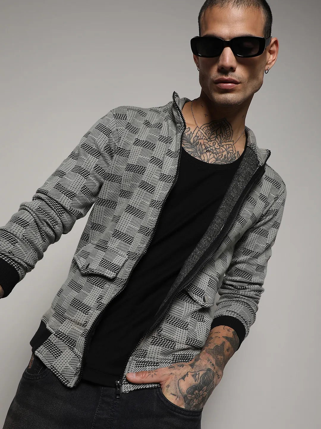 Campus Sutra Textured Jacket With Flap Pocket