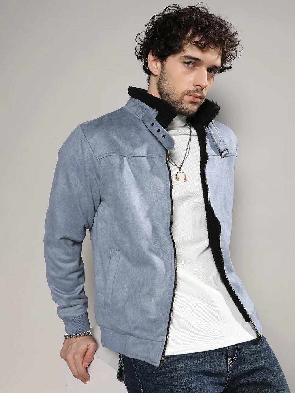 Campus Sutra Fur-Lined Suede Bomber Jacket