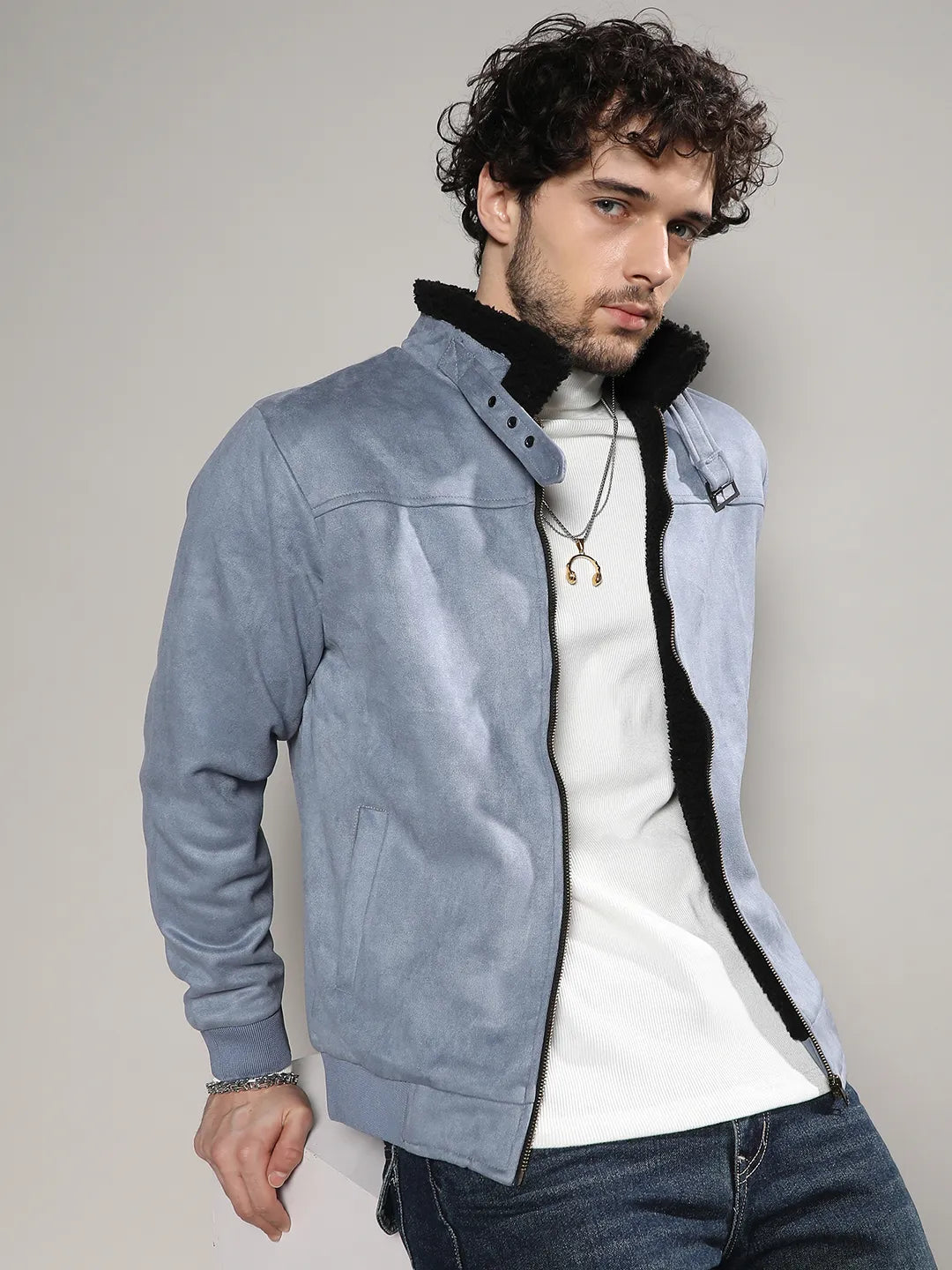 Campus Sutra Fur-Lined Suede Bomber Jacket