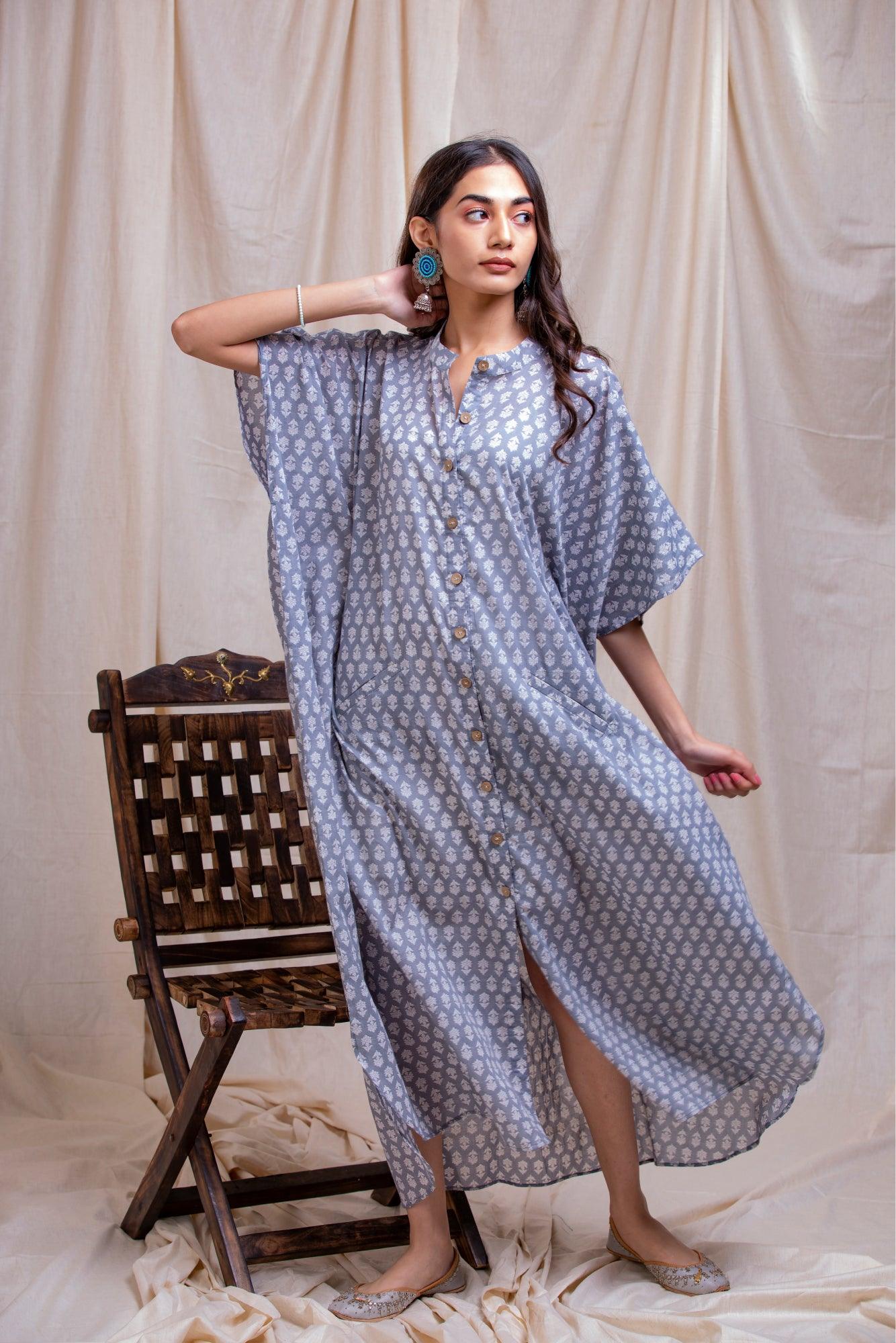 ShopKapaas Grey Block Style Kaftan Dress - With Cotton Lining Slip