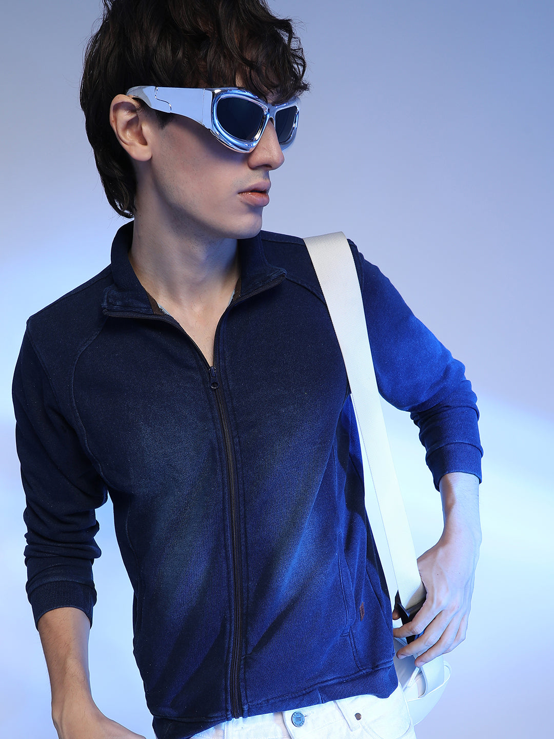 Campus Sutra Zip-Front Dark-Wash Denim Jacket