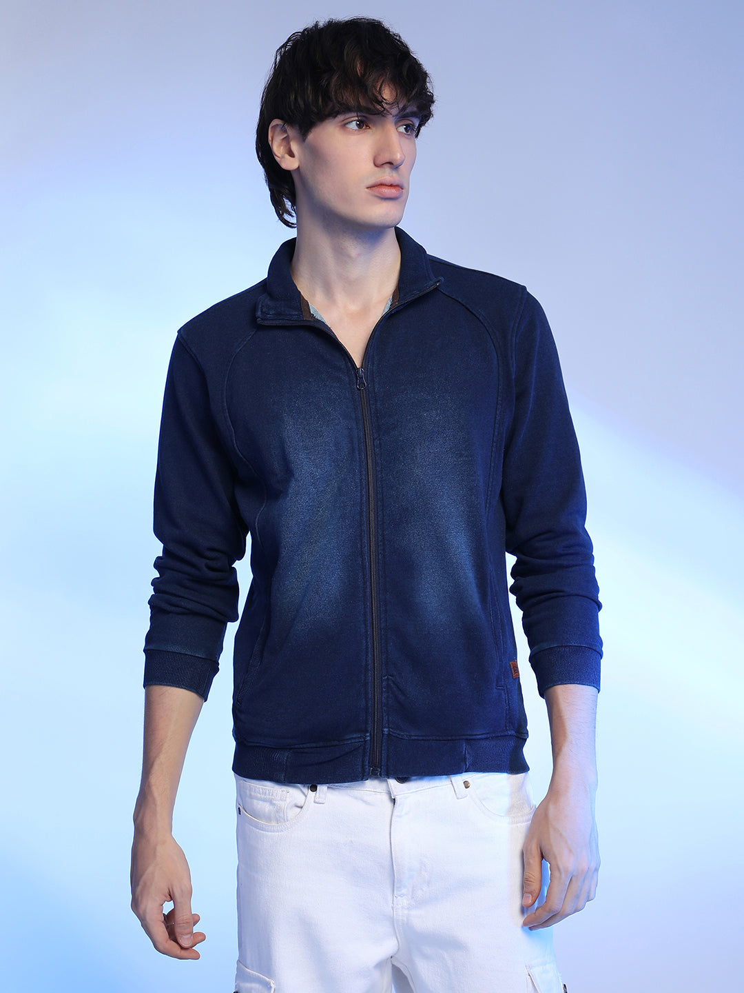 Campus Sutra Zip-Front Dark-Wash Denim Jacket